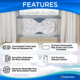 Comfort Zone 9" 3-Speed Reversible Twin Window Fan with Remote Control in White