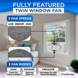 Comfort Zone 9" 3-Speed Reversible Twin Window Fan with Remote Control in White