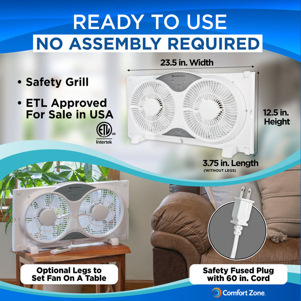 Comfort Zone 9" 3-Speed Reversible Twin Window Fan with Remote Control