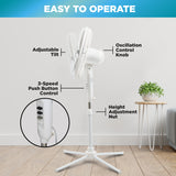 Comfort Zone 16" 3-Speed Adjustable Oscillating Pedestal Fan in White & Black