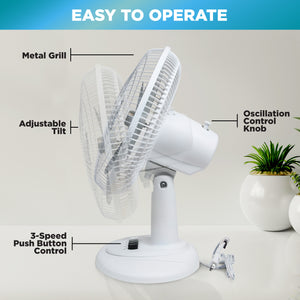 Comfort Zone 12" 3-Speed Quiet Oscillating Table Fan