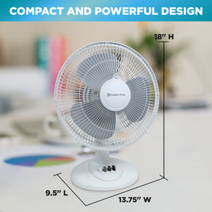 Comfort Zone 12" 3-Speed Quiet Oscillating Table Fan