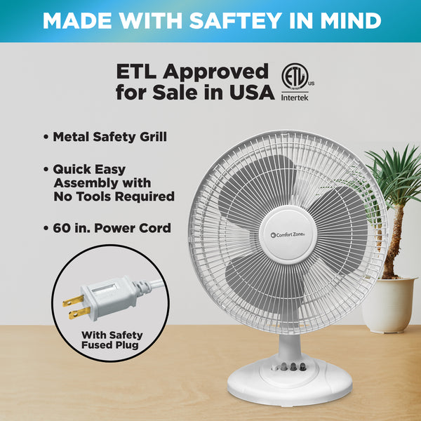 Comfort Zone 12" 3-Speed Quiet Oscillating Table Fan