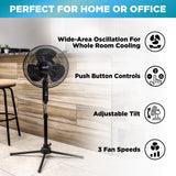 Comfort Zone 16" 3-Speed Oscillating Pedestal Fan with Quad-Pod® Folding Base in Black