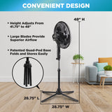 Comfort Zone 16" 3-Speed Oscillating Pedestal Fan with Quad-Pod® Folding Base in Black