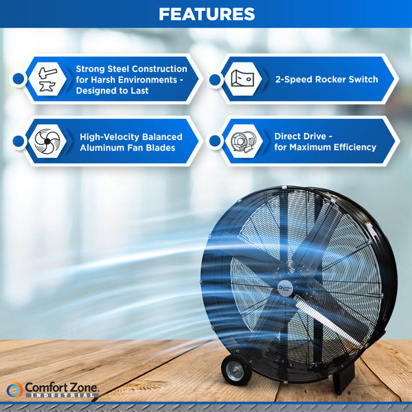 Comfort Zone 42" 3-Speed High Velocity Industrial Drum Fan