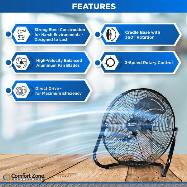 Comfort Zone 18" 3-Speed High-Velocity Floor Fan with Adjustable Tilt