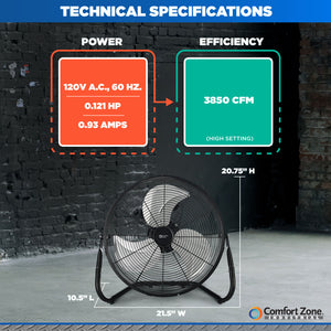 Comfort Zone 18" 3-Speed High-Velocity Floor Fan with Adjustable Tilt