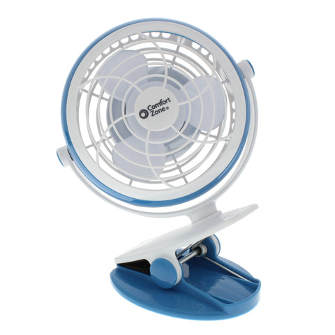 Comfort Zone 4" 1-Speed Desk Clip USB/Battery Fan in Blue