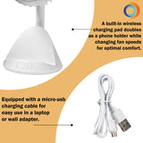 Comfort Zone 4” 3-Speed Rechargeable Personal Fan with Wireless Charger in White