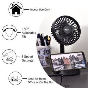 Comfort Zone 4” 3-Speed Rechargeable Personal Fan with Wireless Charger