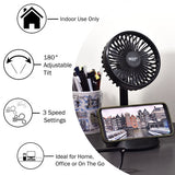 Comfort Zone 4” 3-Speed Rechargeable Personal Fan with Wireless Charger in Black