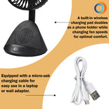 Comfort Zone 4” 3-Speed Rechargeable Personal Fan with Wireless Charger in Black