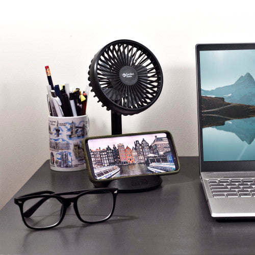 Comfort Zone 4” 3-Speed Rechargeable Personal Fan with Wireless Charger