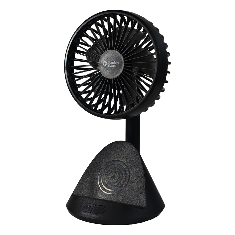 Comfort Zone 4” 3-Speed Rechargeable Personal Fan with Wireless Charger
