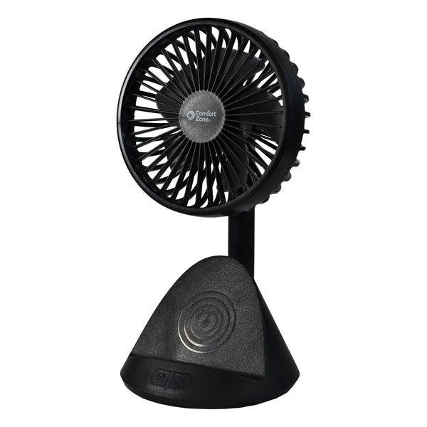 Comfort Zone 4” 3-Speed Rechargeable Personal Fan with Wireless Charger