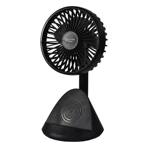Comfort Zone 4” 3-Speed Rechargeable Personal Fan with Wireless Charger in Black