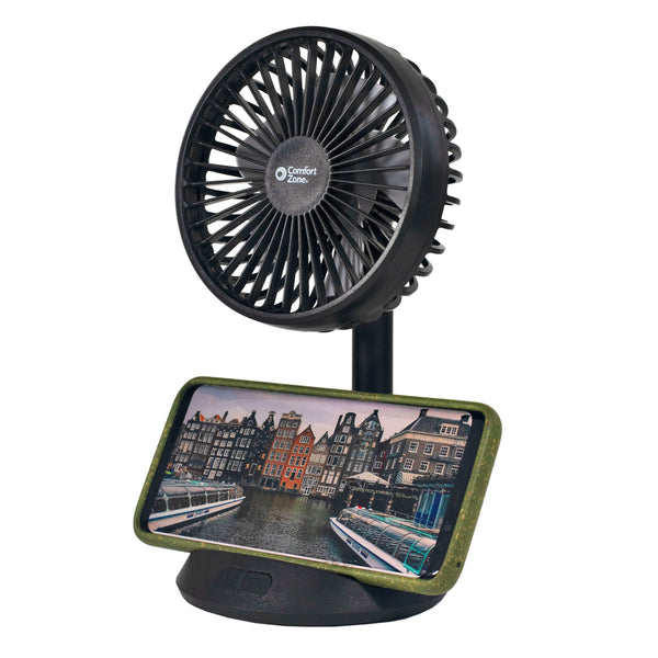 Comfort Zone 4” 3-Speed Rechargeable Personal Fan with Wireless Charger