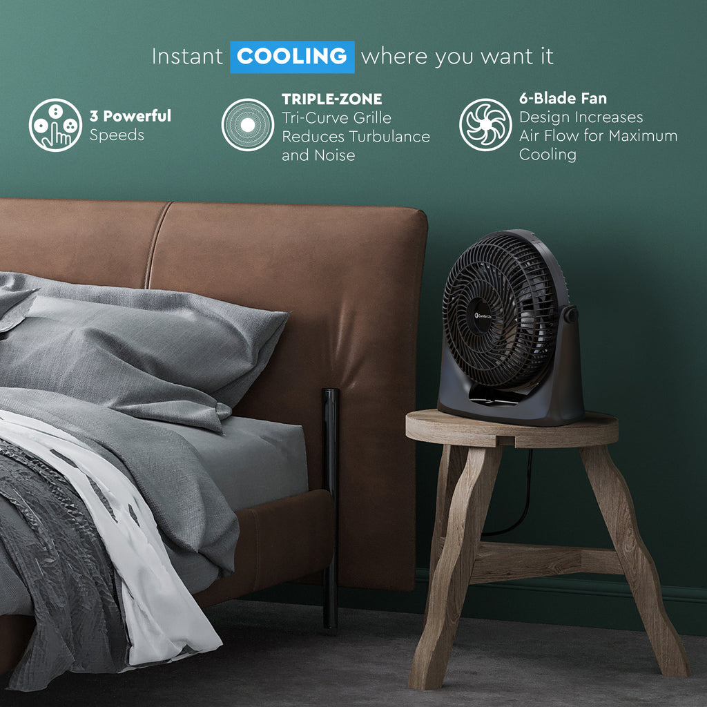 Comfort Zone 9" 3Speed Powr Curve Floor Fan in Black/Silver Comfort