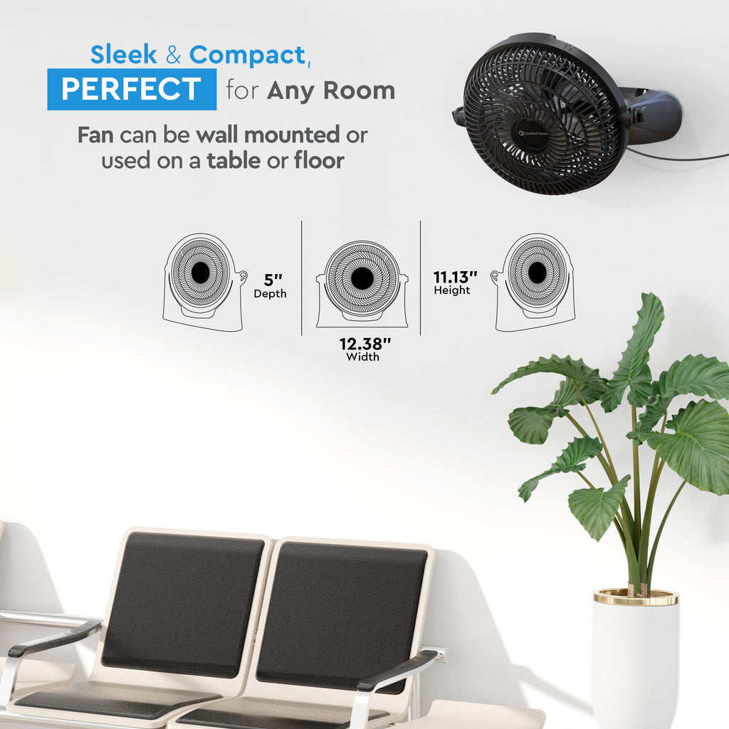 Comfort Zone 9" 3Speed Powr Curve Floor Fan in Black/Silver Comfort